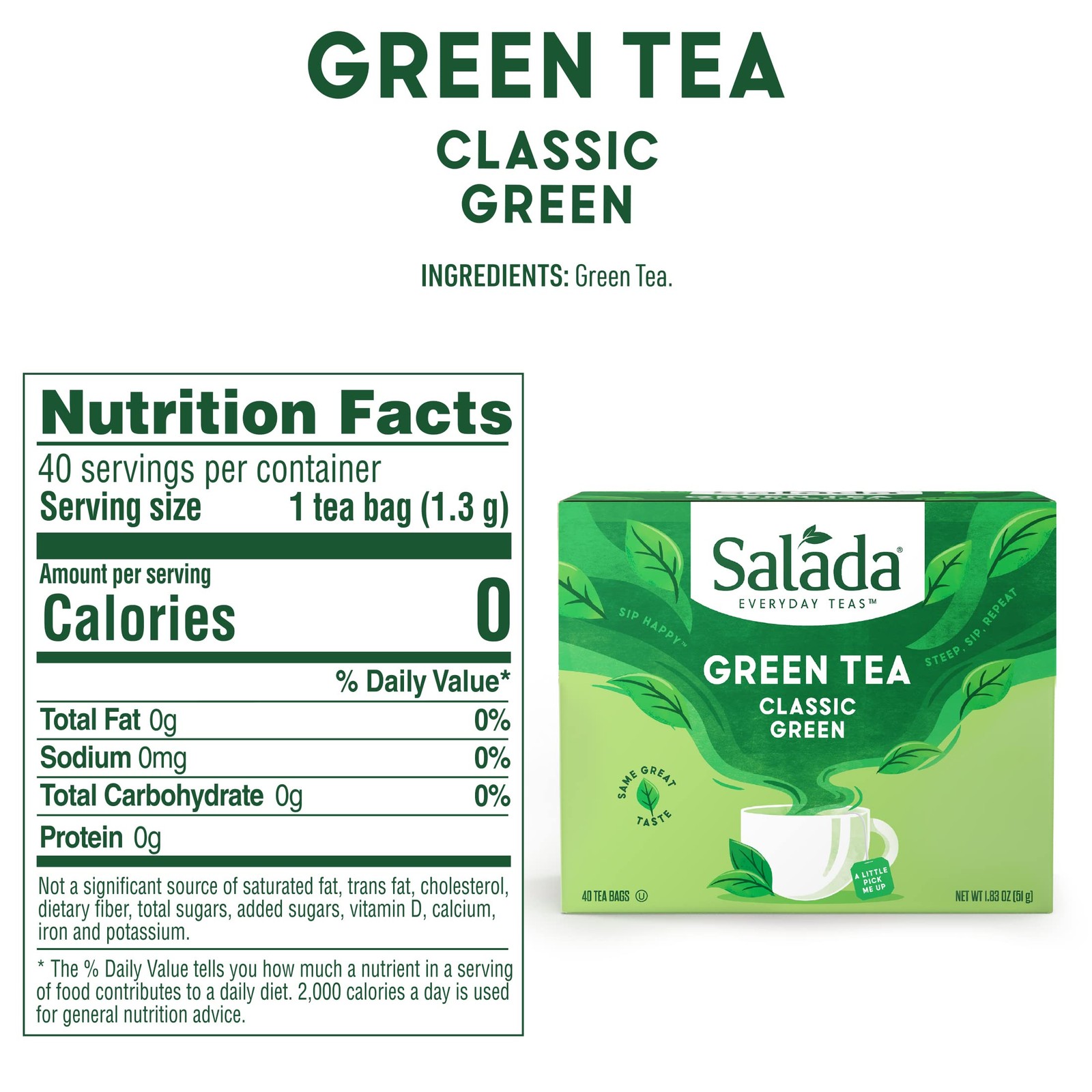 Salada Green Tea with 40 Individually Wrapped Bags Contains Caffeine…