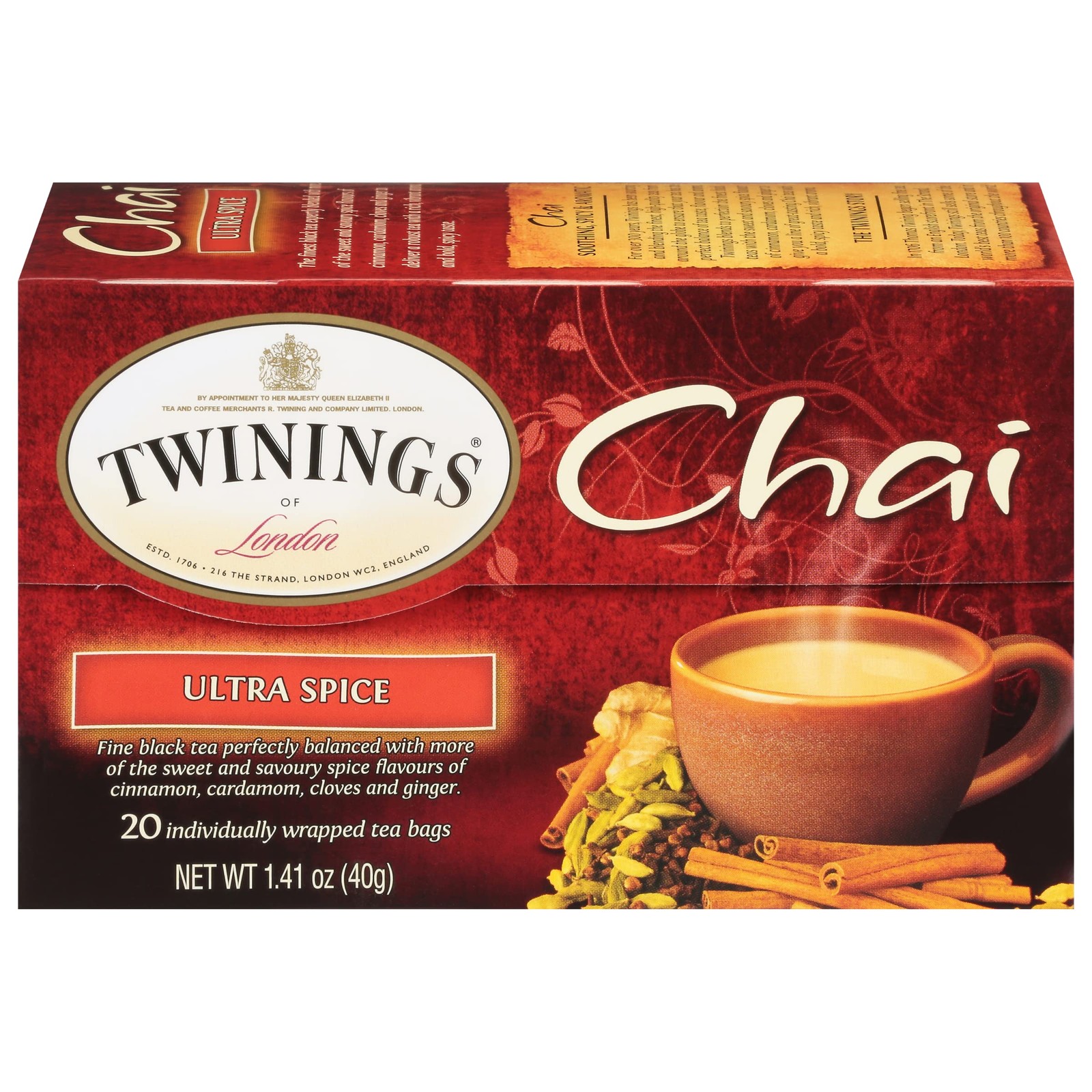 Twinings Chai Tea Bags 20 Count Spicy Black Tea with Cinnamon Ginger Cardamom