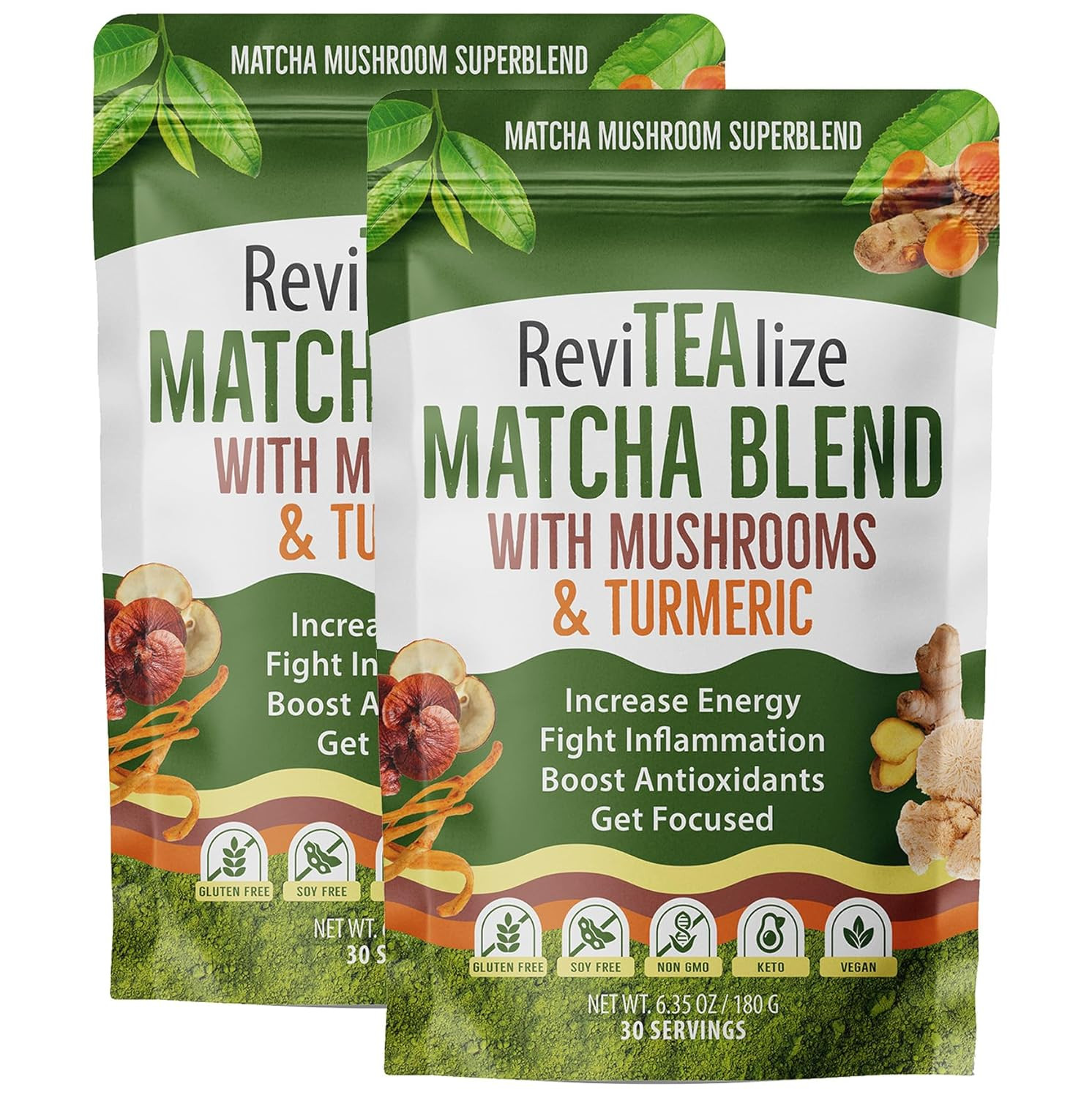 Revitalize Organic Matcha Mushroom Powder – 60 Servings, Coffee Alternative Latt