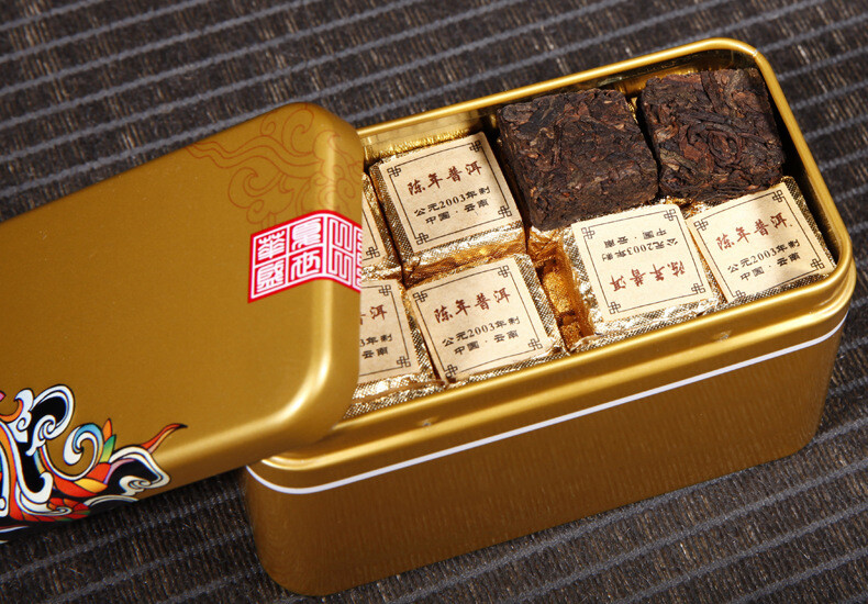 250g Old Pu’er Black Tea Ripe Puer Tea Brick Cooked Puerh Yellow Iron Box Yunnan