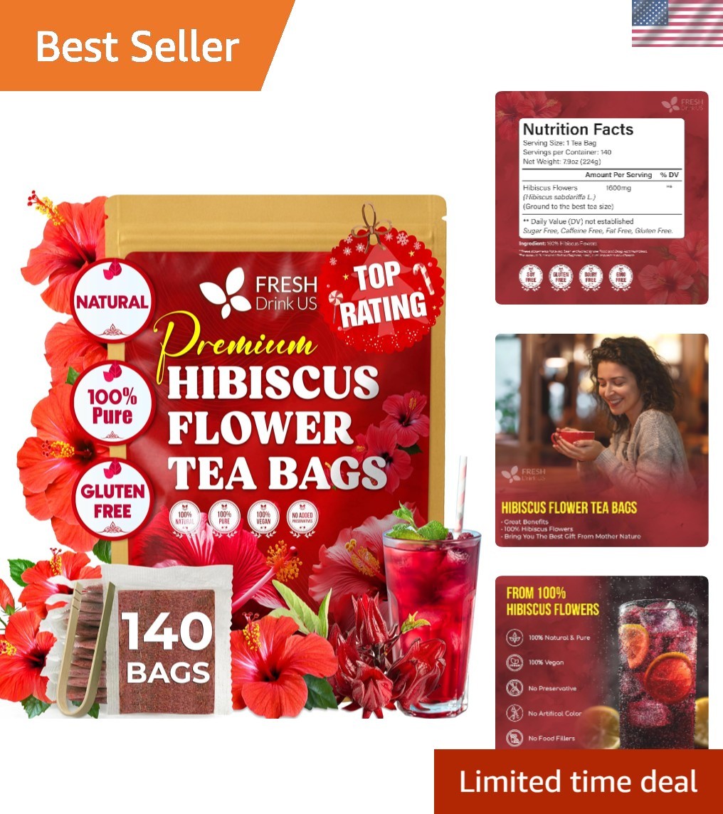 , 140 Hibiscus Flowers Tea Bags, 100% Natural, Handmade & Pure from Hibi