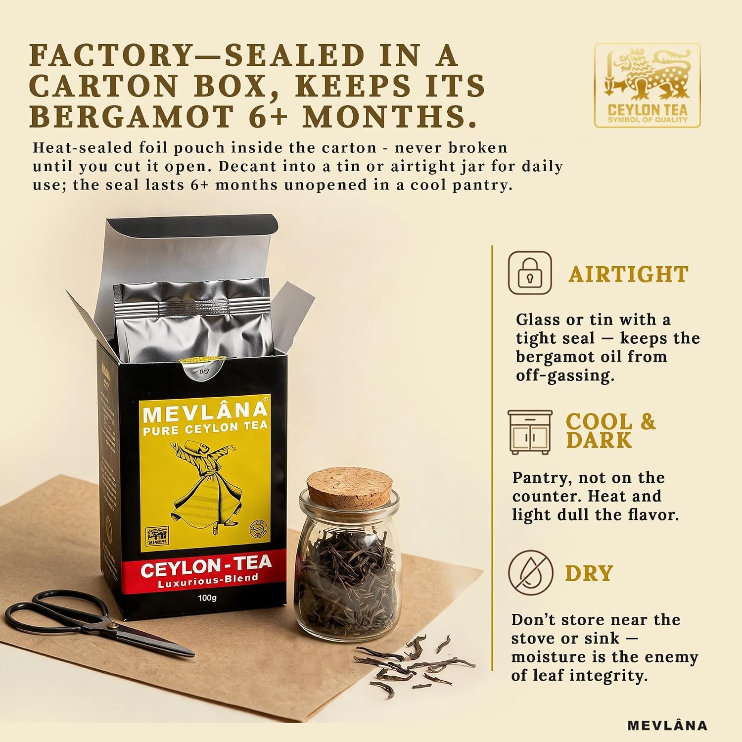 Mevlana Pure Ceylon Loose Leaf Black Tea, 100g / 3.5oz | Real Bergamot Oil, Hint