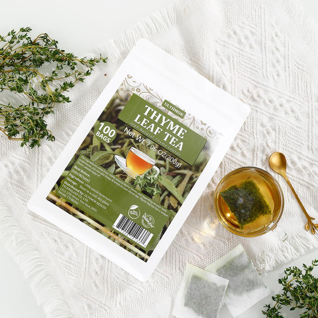 Premium 100 Thyme Leaf Tea Bags, 100% Pure Thyme Leaves, Caffeine Free