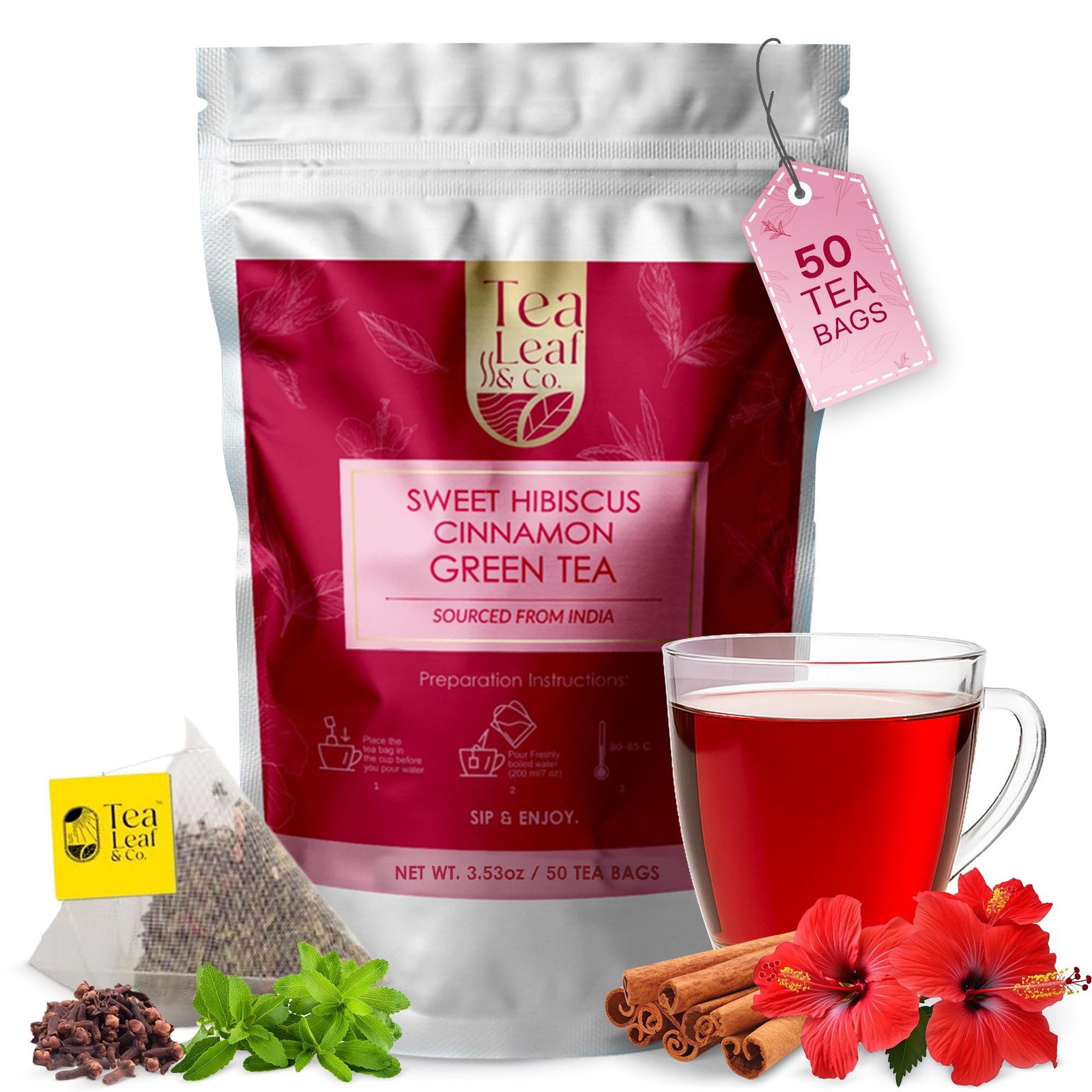 Sweet Hibiscus Cinnamon Green Tea Bags 50 Count, Caffeinated, Real and Natura…