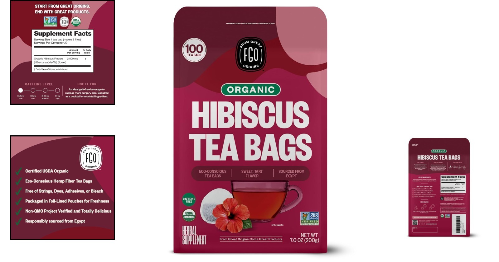 Caffeine Free Organic Hibiscus Tea – 100 Eco-Conscious Bags for Pure Enjoyment