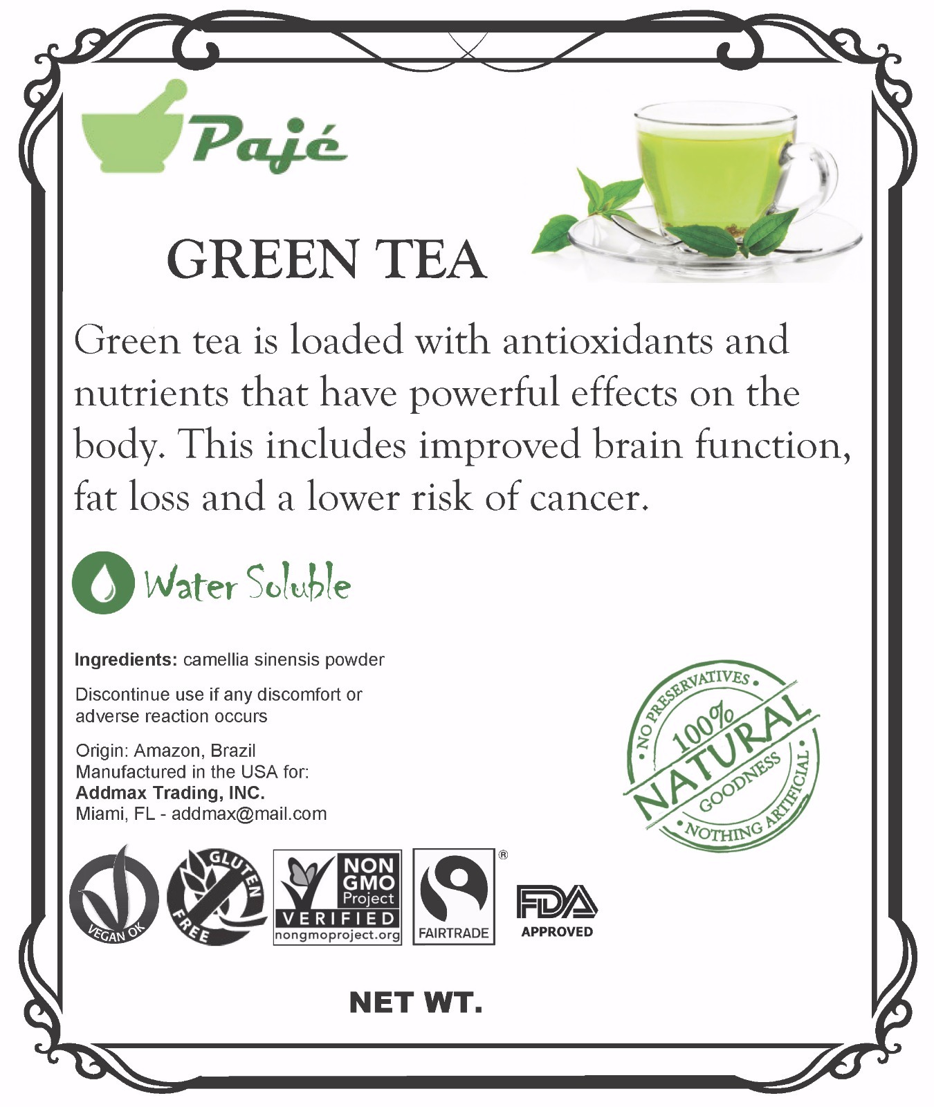GREEN TEA powder 8oz 1/2lb, water soluble, stress relief, MATCHA, KOMBUCHA PAJE