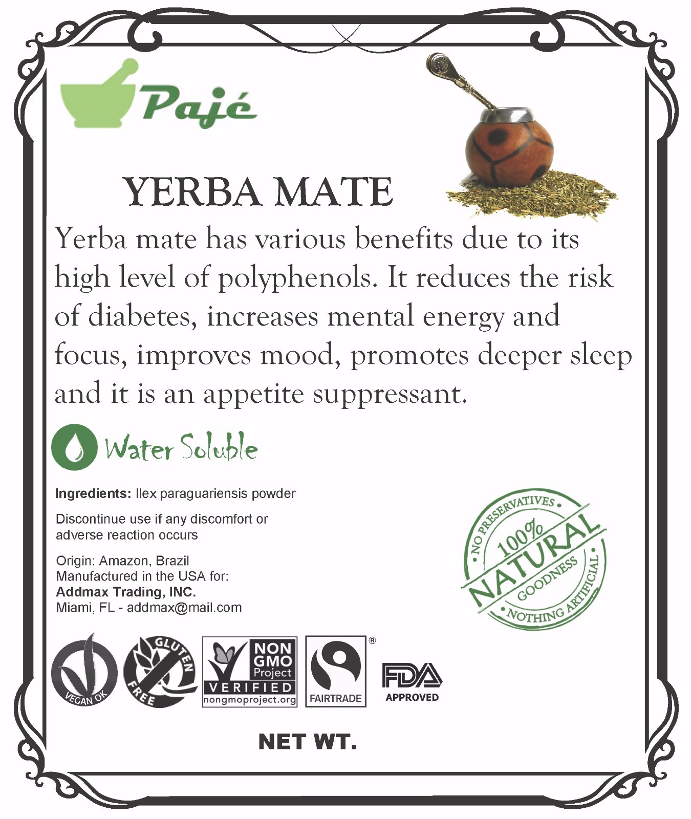 YERBA MATE BLACK TEA powder 8oz 1/2lb, water soluble, ENERGY , KOMBUCHA, PAJE