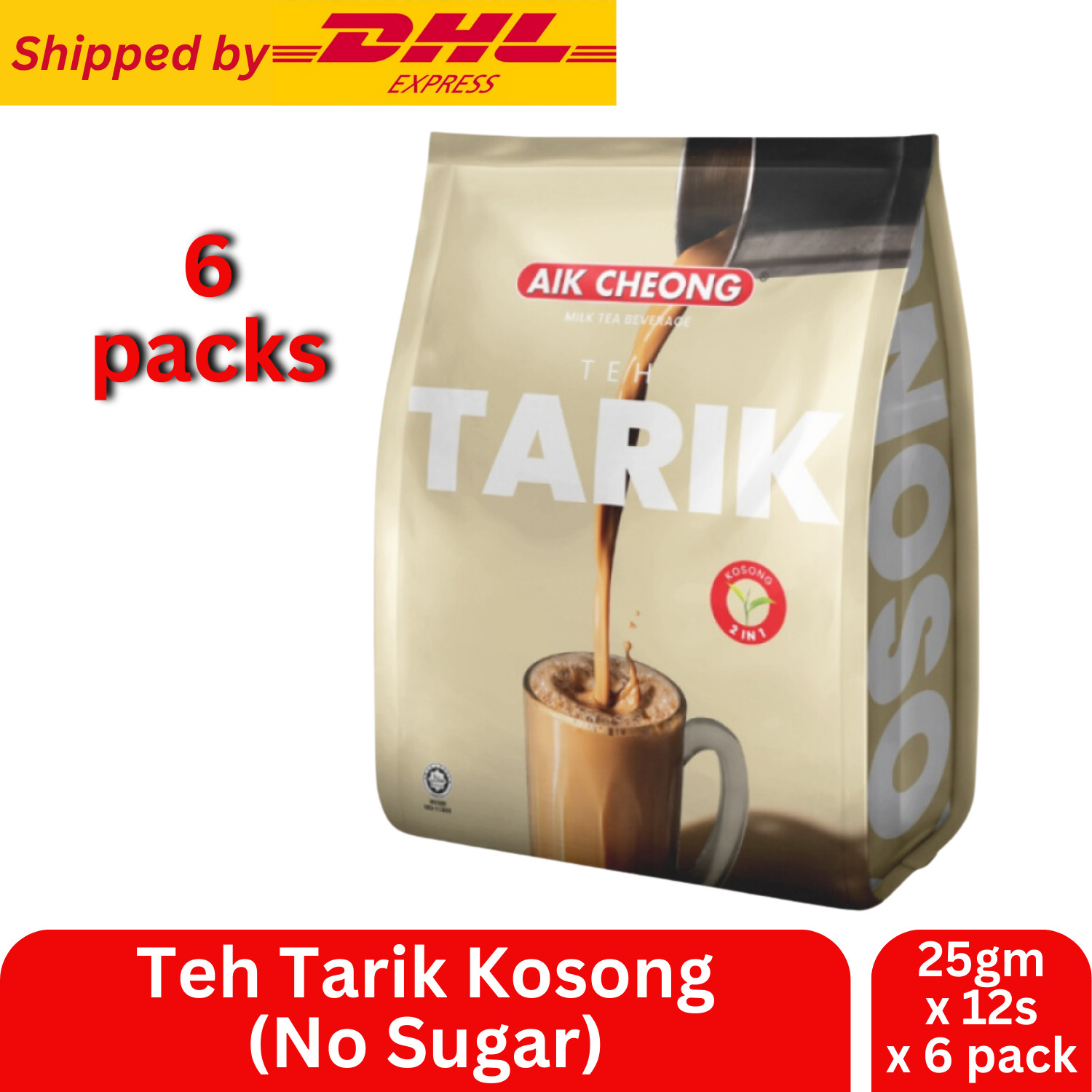 Instant Tea Aik Cheong 2-In-1 Teh Tarik Kosong No Sugar (25gm x 12s x 6pack)