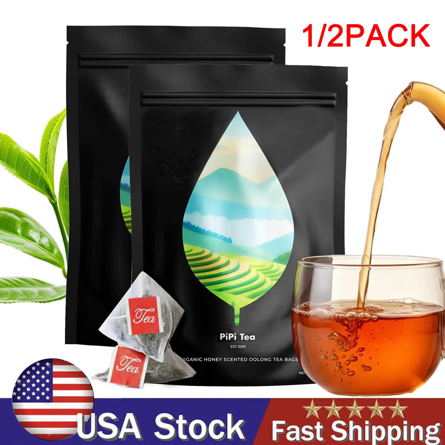 1-2PACK PiPi Tea Organic Oolong Bags – Whole Leaf, 20 (4g Each) Cortisol&Calming