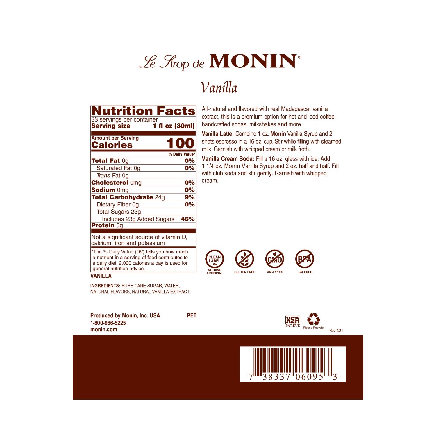 Monin Vanilla Syrup – Bottle (1L), h-vanilla, 1.0L