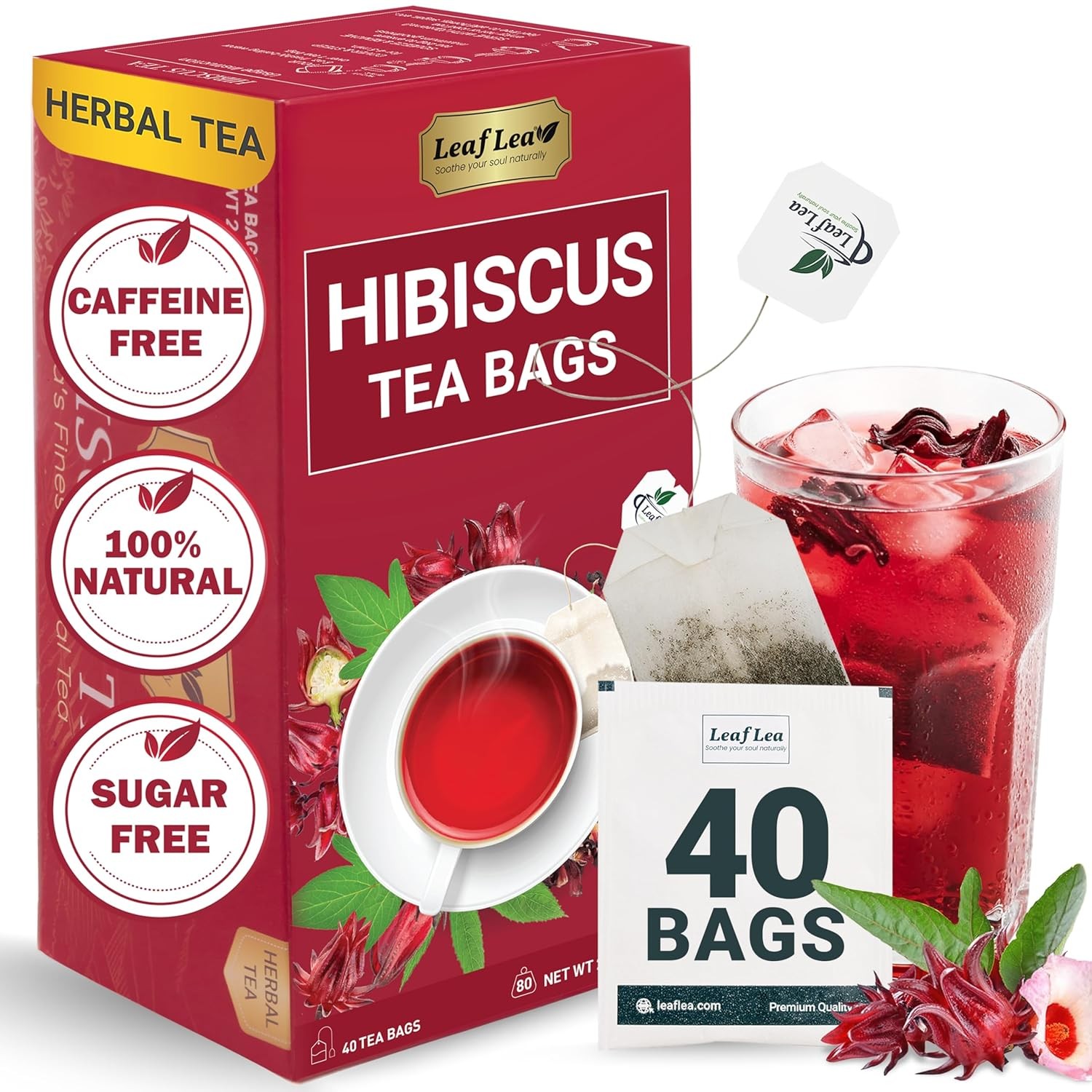 40 Premium Natural Hibiscus Tea Bags, 100% Pure from Hibiscus Flowers, Caffeine-