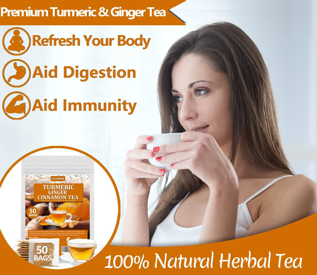 50 Premium Turmeric, Ginger, Cinnamon Blend Tea Bags, 100% Natural Caffeine Free