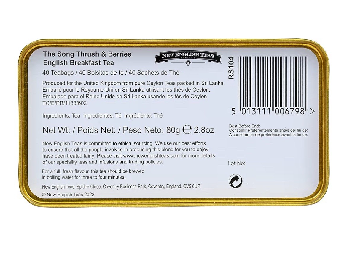 New English Teas Fine English Breakfast Tea Tin | 40 Teabags Song Thrush & Berr…