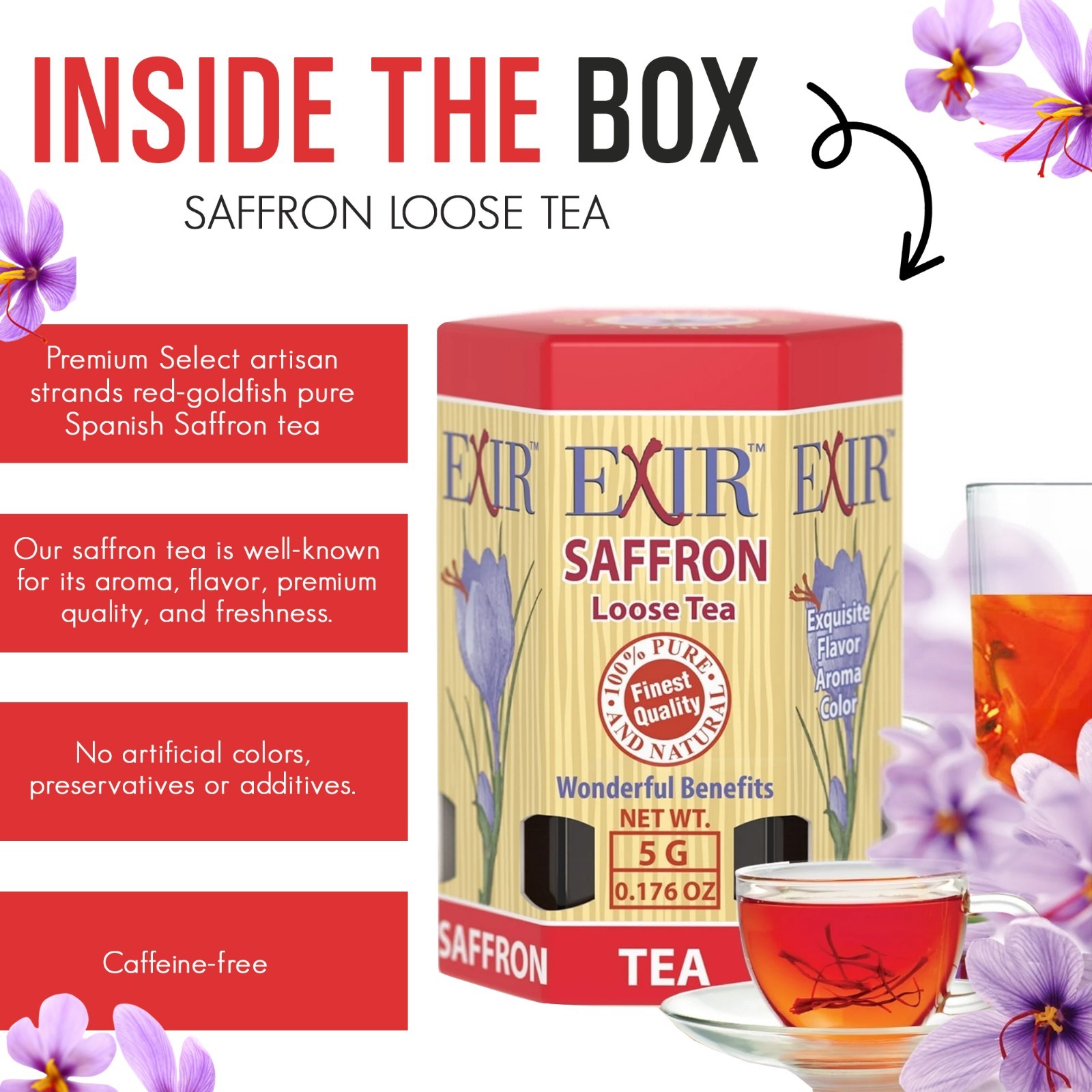 Exir Saffron Loose Herbal Tea, Caffeine-free, Net Weight 5g Glass Jar