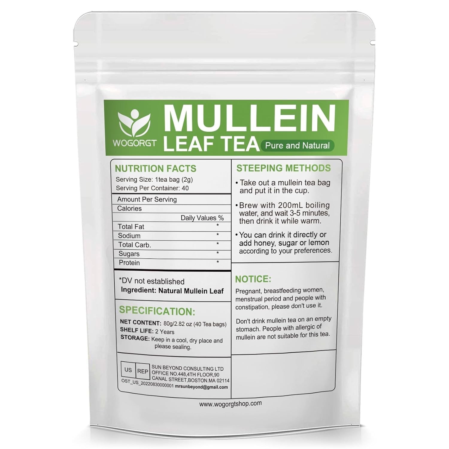 Mullein Tea Bags Natural Lung Support Respiratory Wellness 40 Count