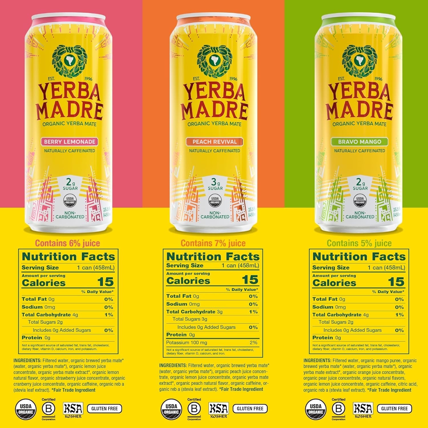 Guayaki Yerba Mate Low Cal – Berry Lemonade,Tropical Uprising, PeachRevival 12pk