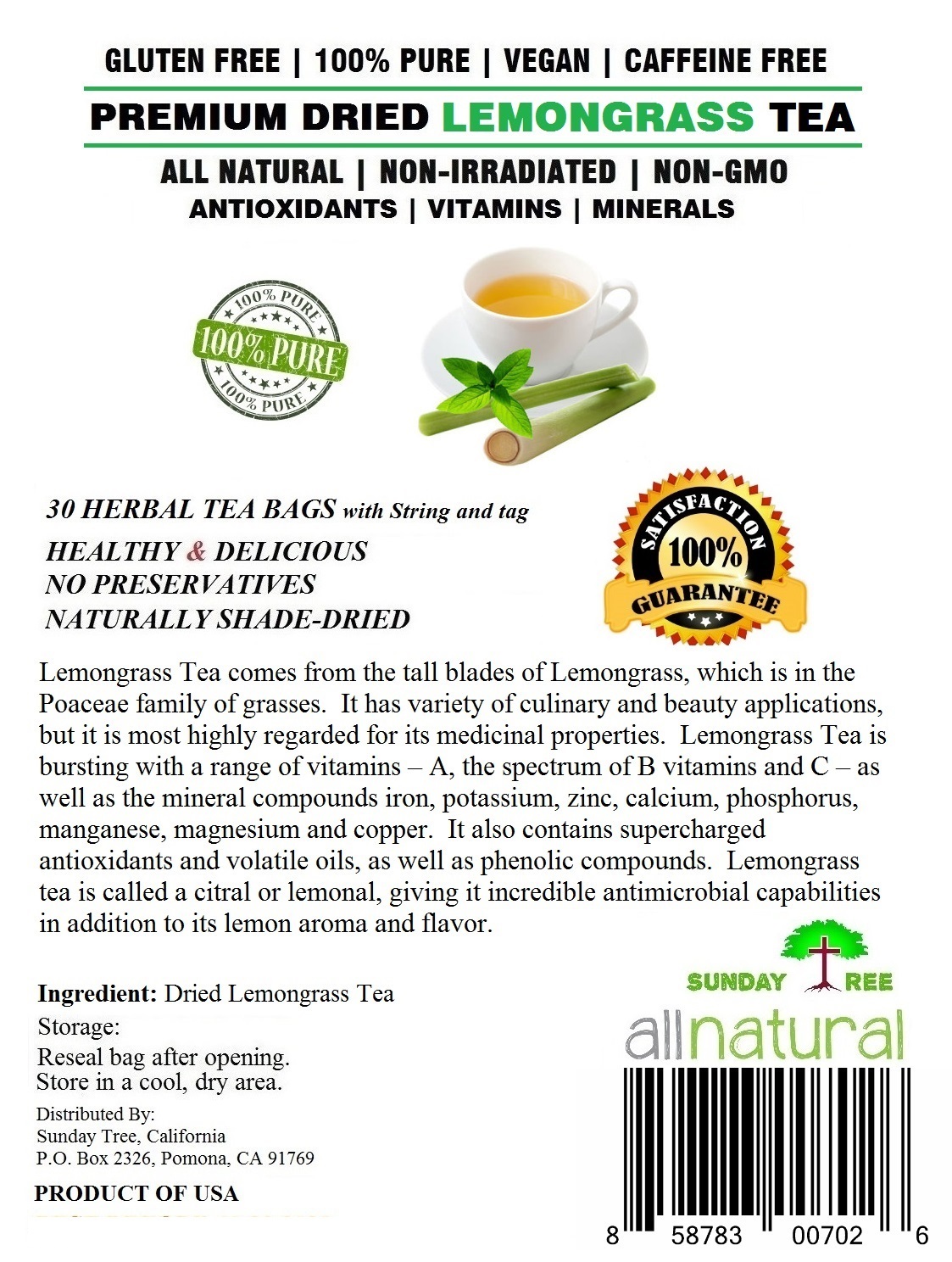 Lemongrass Tea 30 Bags 100% Natural Premium Caffeine Free Tea Resealable Pouch