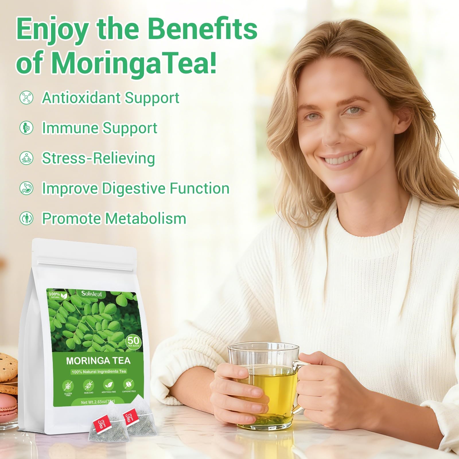Moringa Tea, 100% Pure & Natural Leaves Herbal Tea 50 Bags/1 Pack