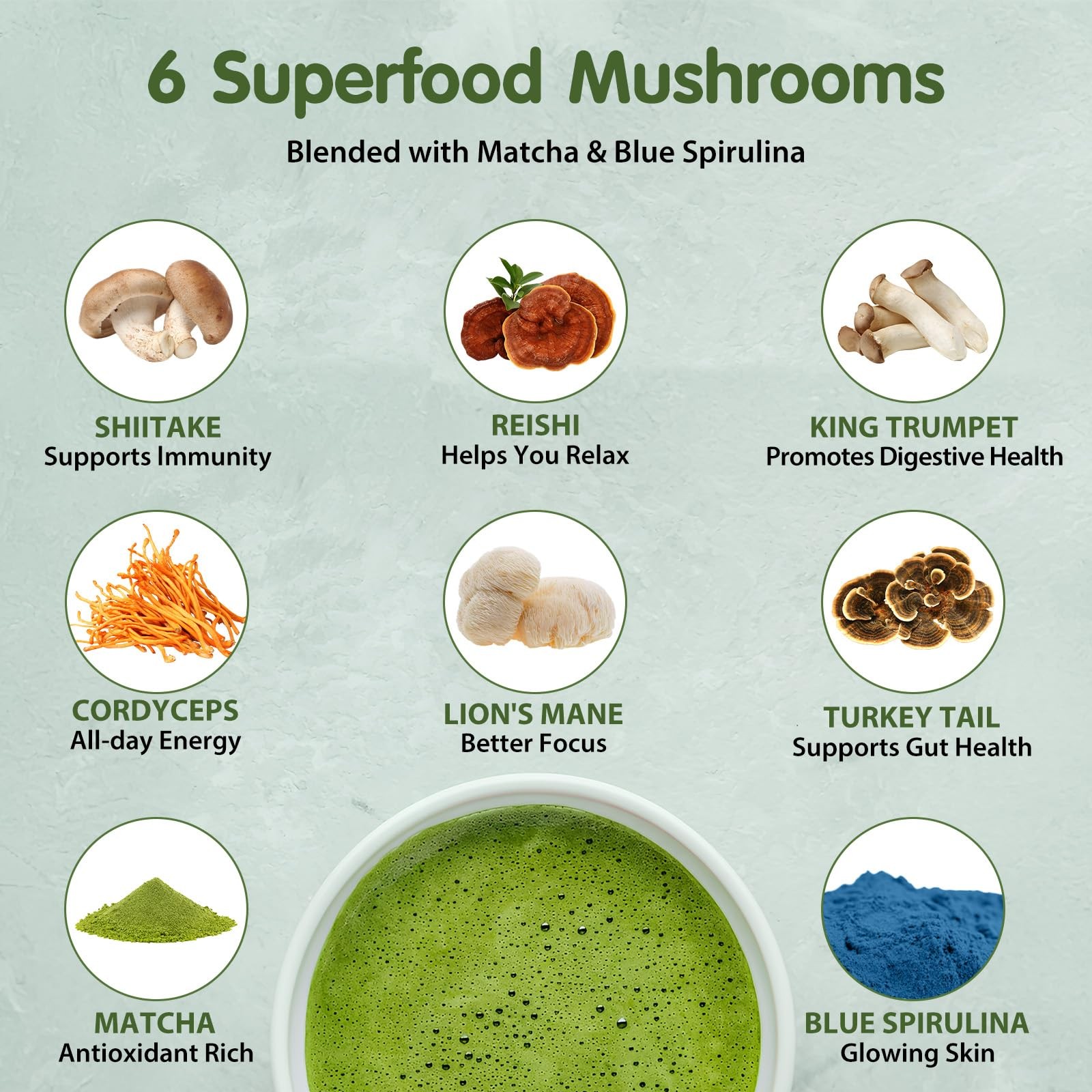 Mushroom Matcha, 6 Adaptogenic Mushrooms (Lion’s Mane, Cordyceps, Turkey Tail…