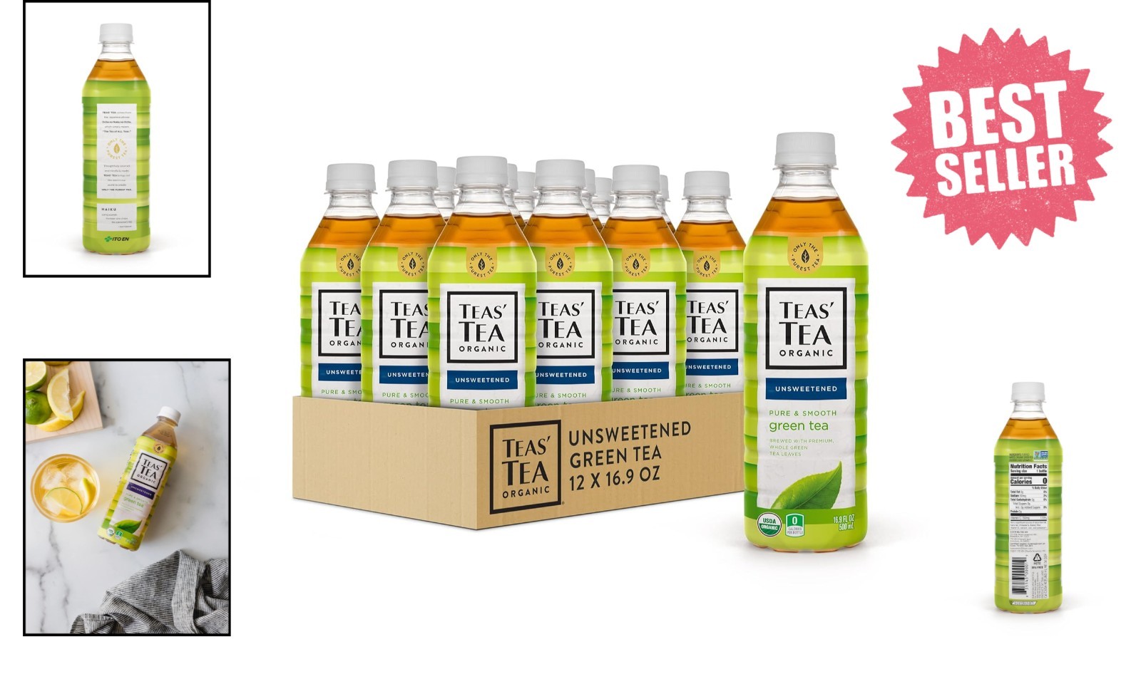 Pack of 12 Organic Green Tea – Unsweetened, 16.9 oz Bottles for Immunity Support