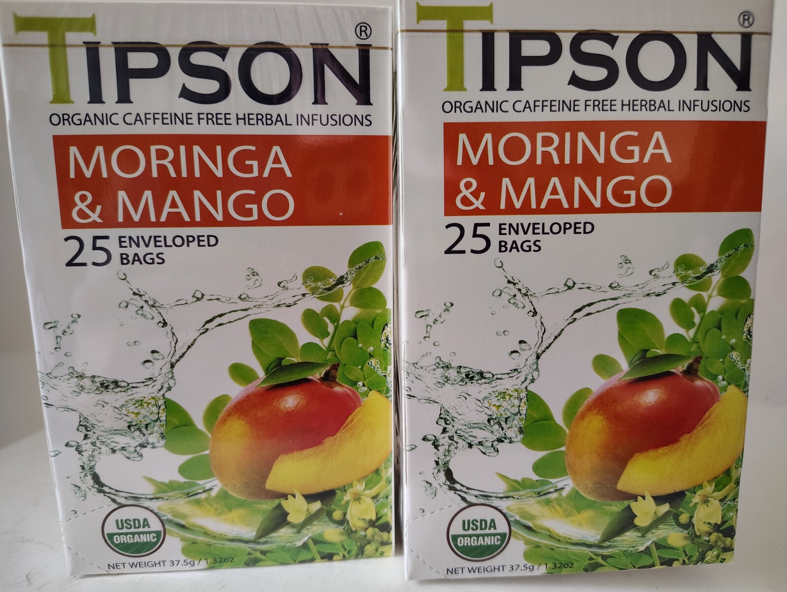 TIPSON Moringa & Mango Tea, Organic/Caffeine Free, BB 10/28, Lot of 2