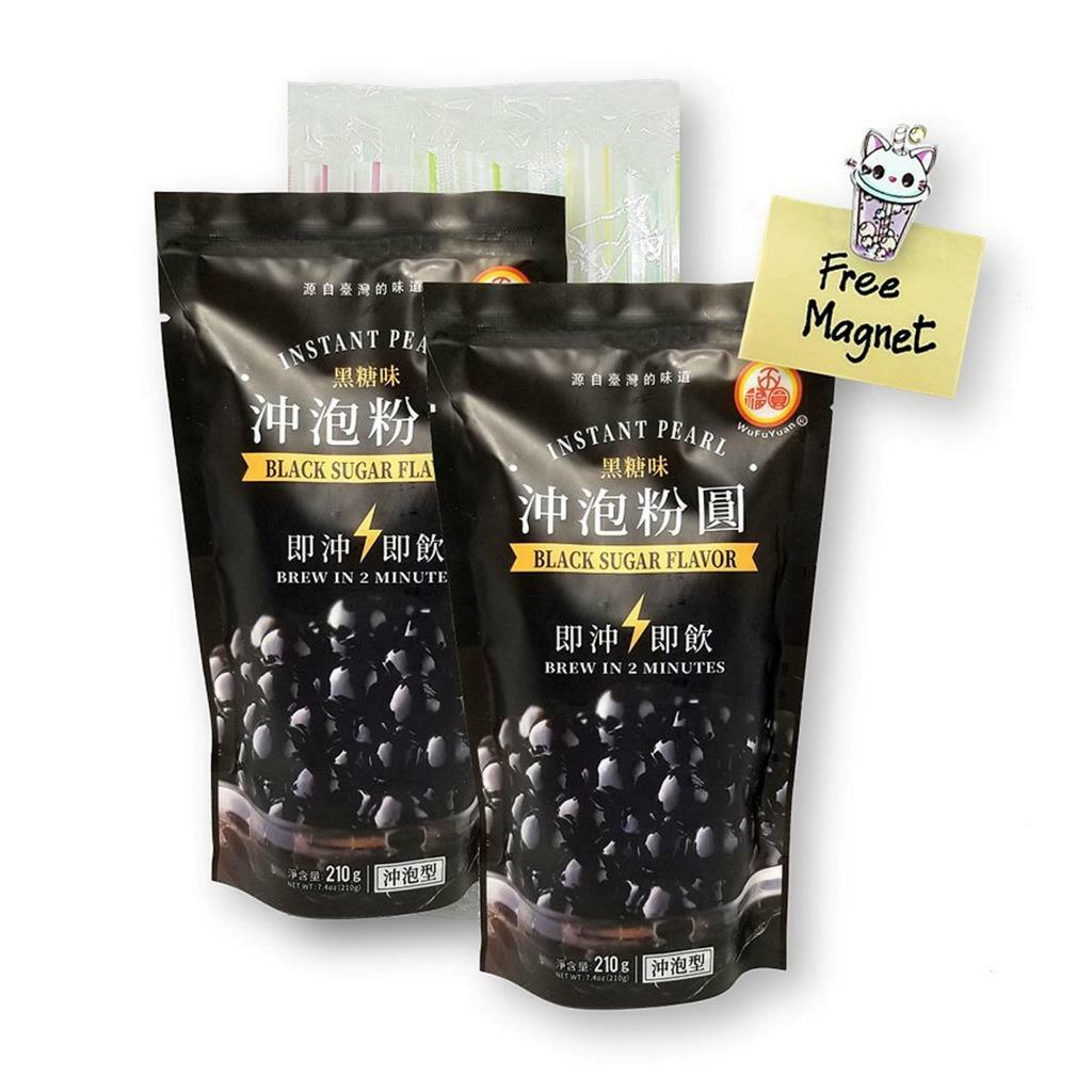 WuFuYuan INSTANT Black Tapioca Pearl 2-Min (2-Pk), 25 Boba Straws & Mini Magnet