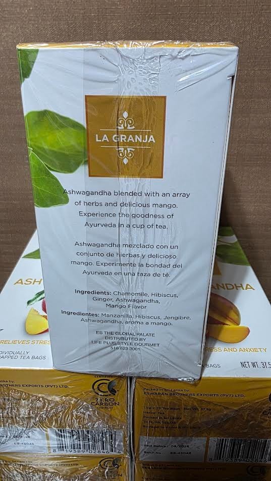 ASHWAGANDHA Mango Herbal Tea – 25 Tea Bags per Pack – LOT of 5 – Exp: 08/2028