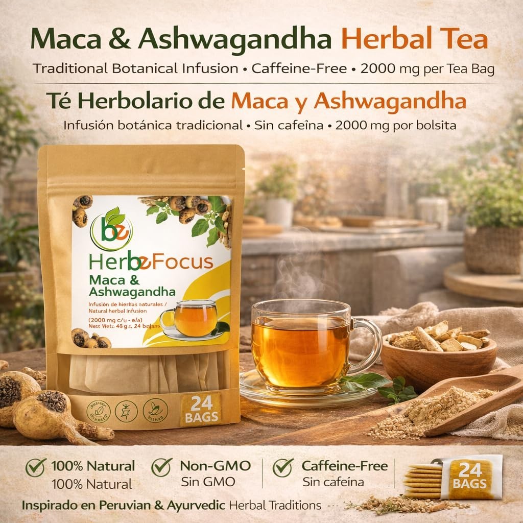 Maca & Ashwagandha Herbal Tea (24 Tea Bags) – 2000mg Each – Traditional Vitality