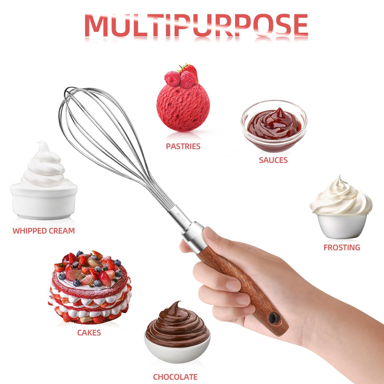Stainless Steel Wire Whisk for Cooking- Wooden Handle 9″L x 1.8″W, Treestory