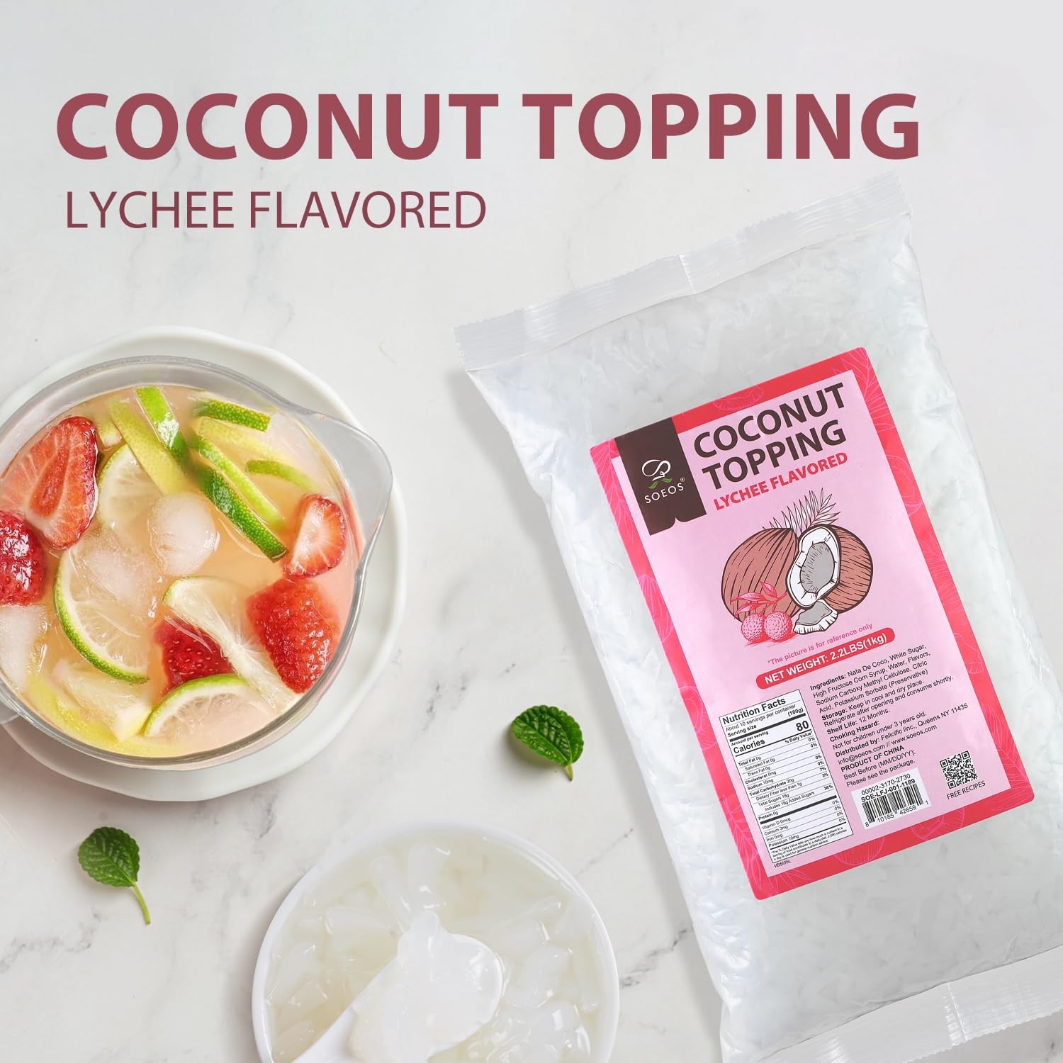 Soeos Lychee Flavored Coconut Jelly Strips, 2.2 lbs 1 Kg, Lychee Jelly for Bo…