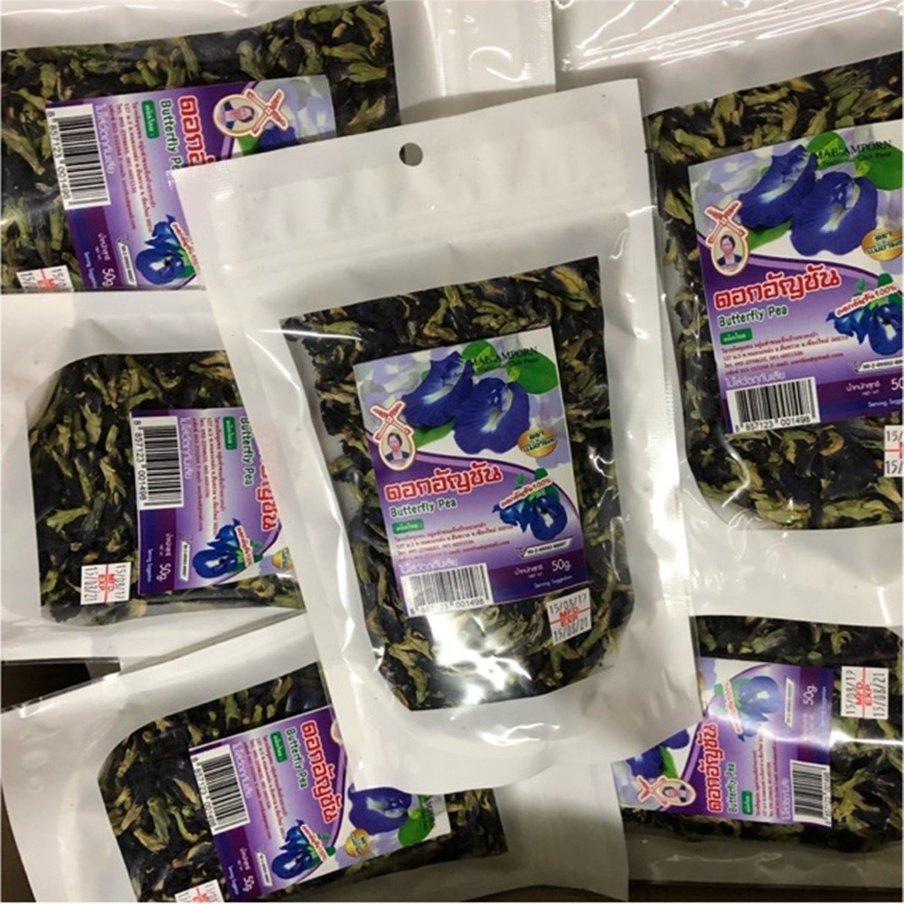 Dried Butterfly Pea Flower 50g Grade A Mae Amphorn Brand Chiangmai, Pack of 3