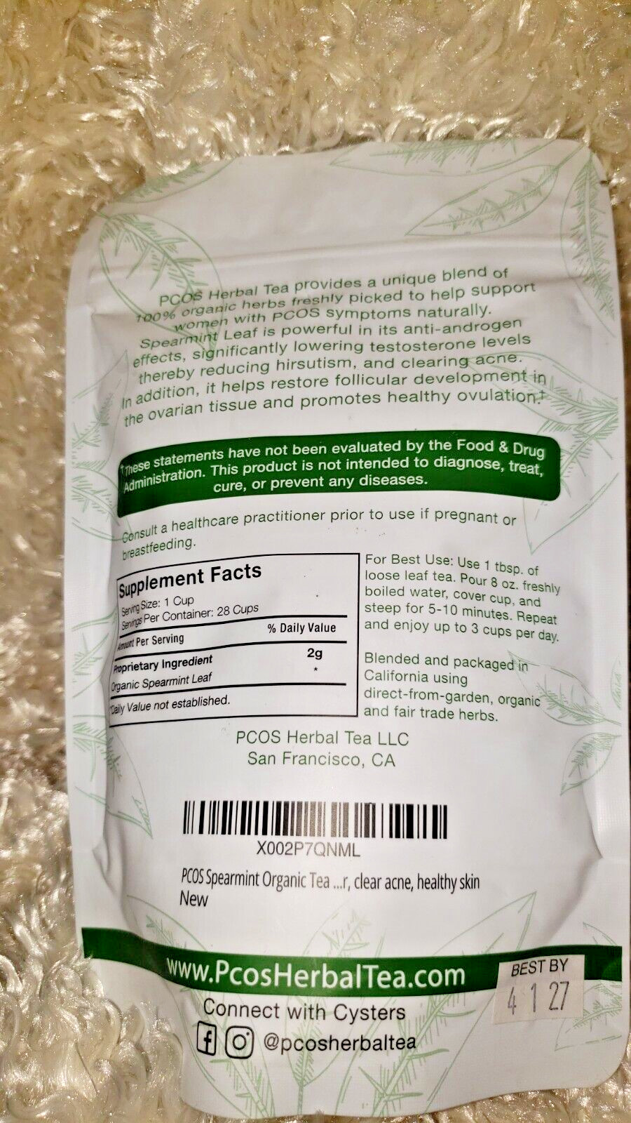 PCOS HerbalTea SPEARMINT TEA loose leaf -2 oz. 100% natural