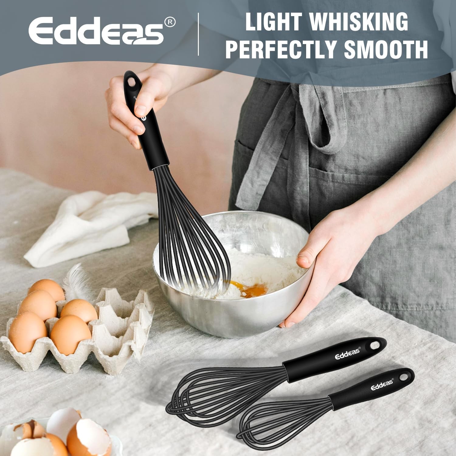 Whisks For Cooking – 500 °F Heat Resistant Silicone 7+9+11 inch, Black 3Pcs