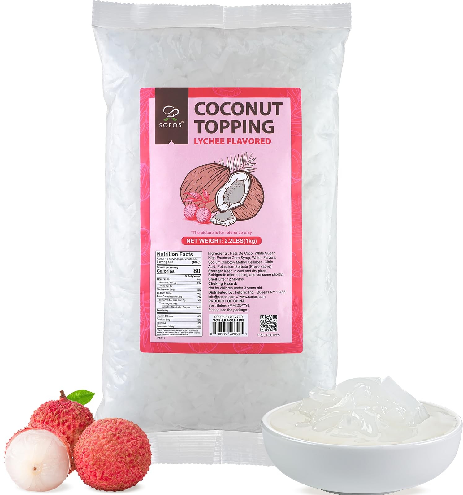 Soeos Lychee Flavored Coconut Jelly Strips, 2.2 lbs 1 Kg, Lychee Jelly for Bo…