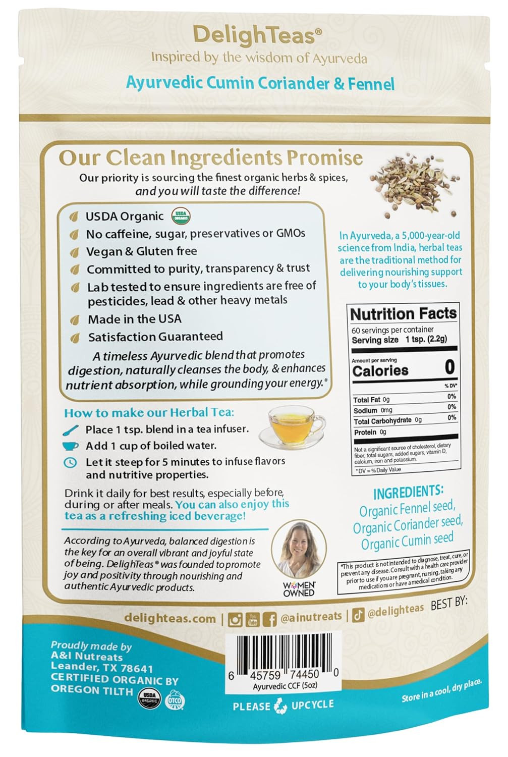 Delighteas Organic Digest & Detox CCF Tea | Ayurvedic Cumin, Coriander, Fennel L