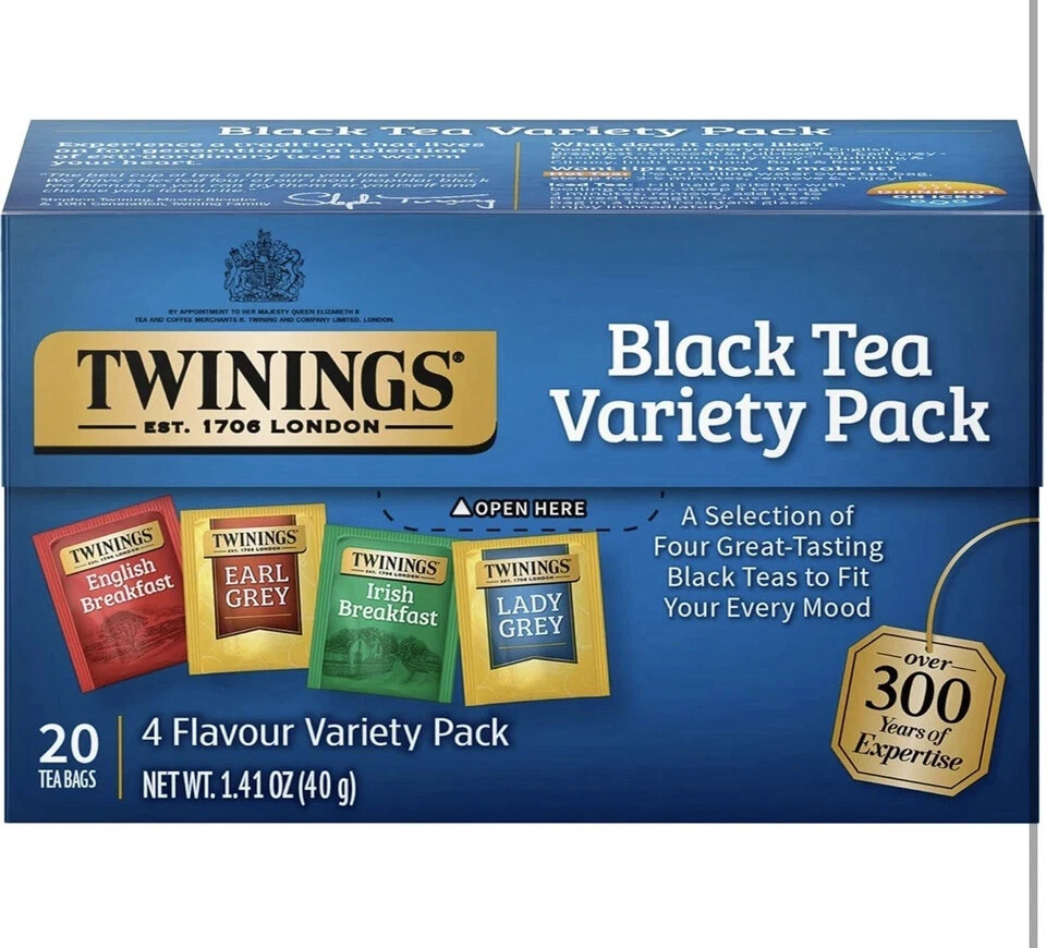 TWININGS Black Tea Variety Pack Earl Grey Irish Breakfast Lady Grey 20 Tea Bags