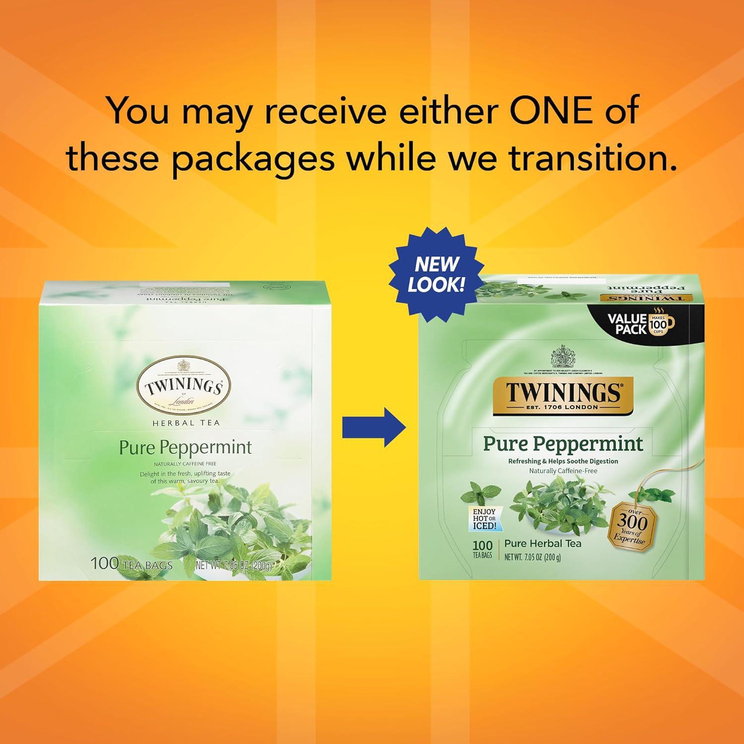Twinings Pure Peppermint, 100 Individually Wrapped Tea Bags, Fresh Minty Free,