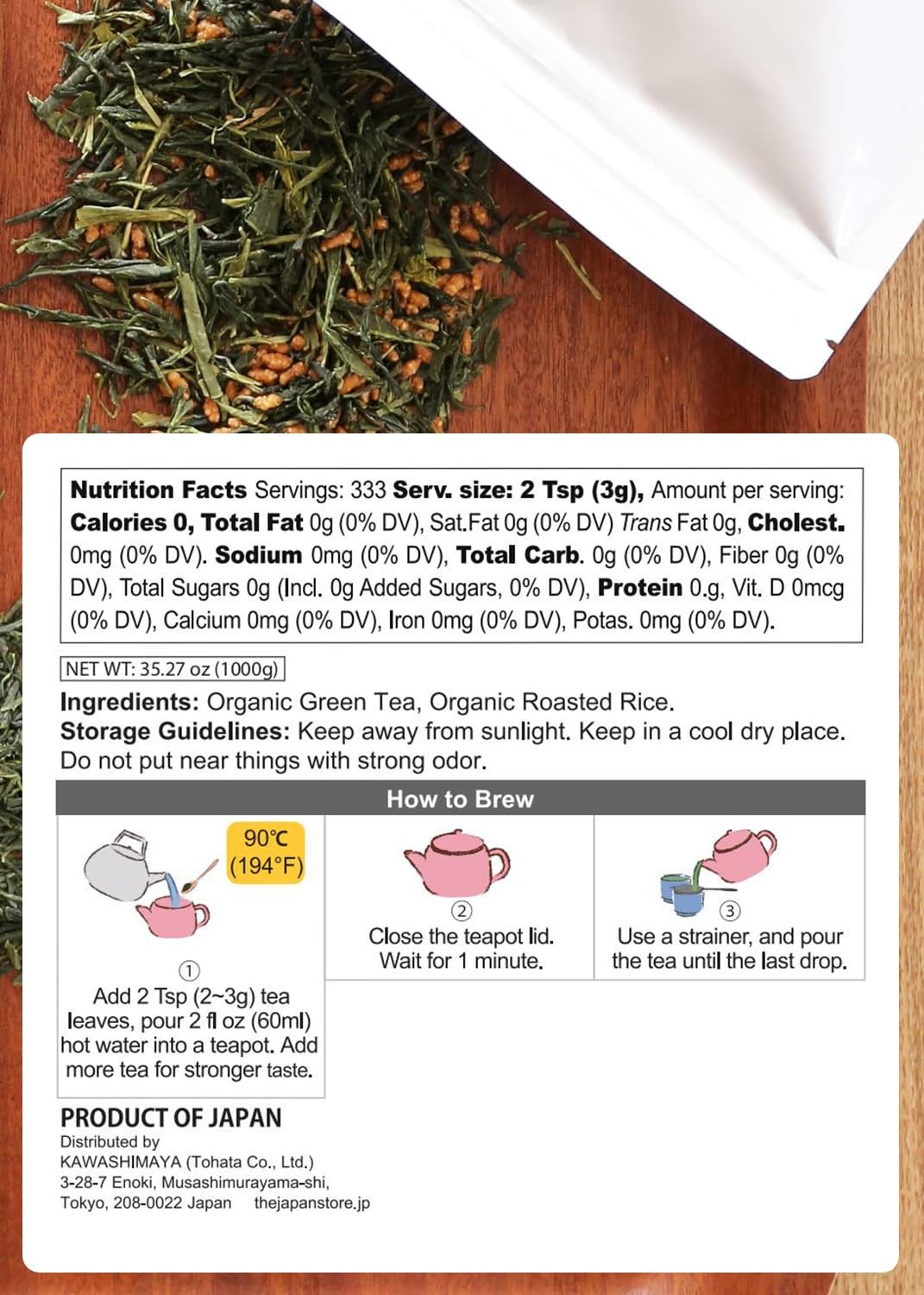 Kawashimaya Organic Genmaicha 35.27 oz 1000g – Japanese Green Tea with Roaste…