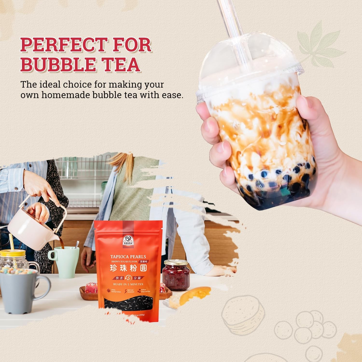 52USA Boba Tapioca Pearl, Black Sugar Flavor, Fresh Bubble Tea Pearl, 8.8 Oz …