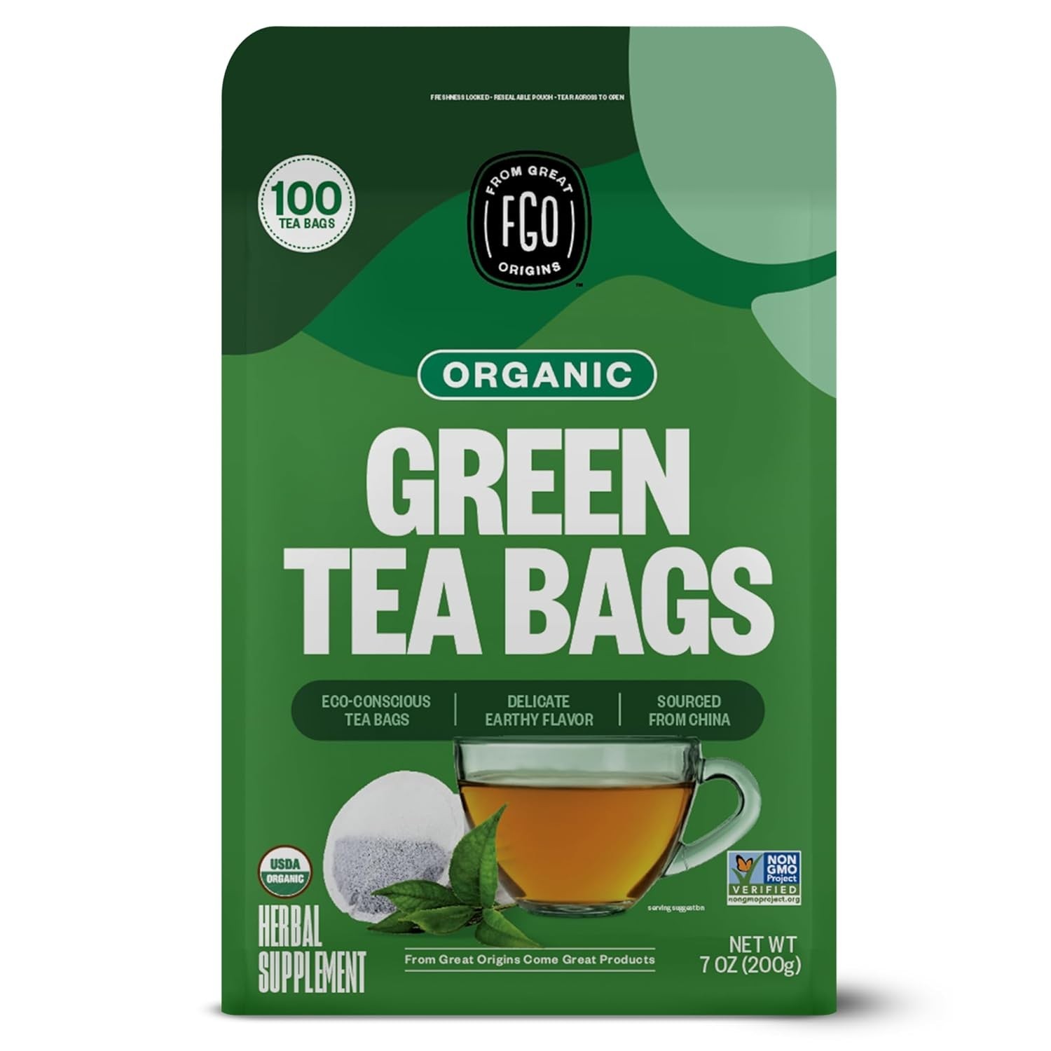 Medium Caffeine Organic Green Tea – 100 Eco-Friendly Bags in Resealable Pouch
