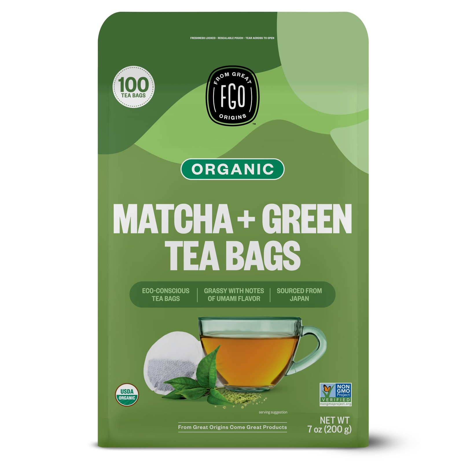 Organic Japanese Matcha + Green Tea, 100 Count, EcoConscious Tea Bags, Reseal…