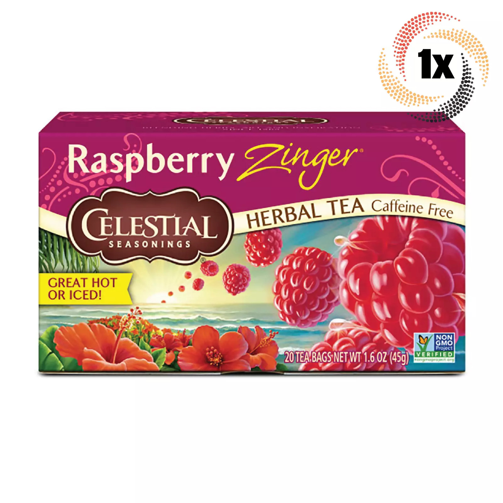 1x Box Celestial Seasonings Raspberry Zinger Herbal Tea | 20 Bags Each | 1.6oz