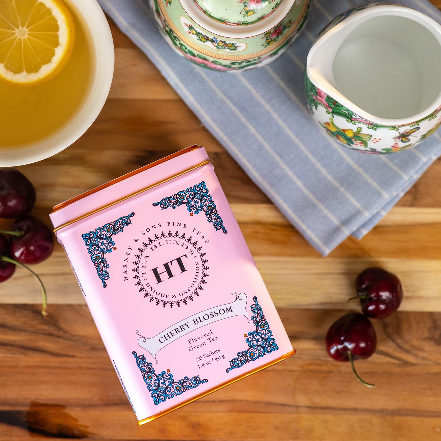 Caffeinated Blossom Green Tea Tin Sachets Pink 31629, Cherry, 20 Count Pack of 1