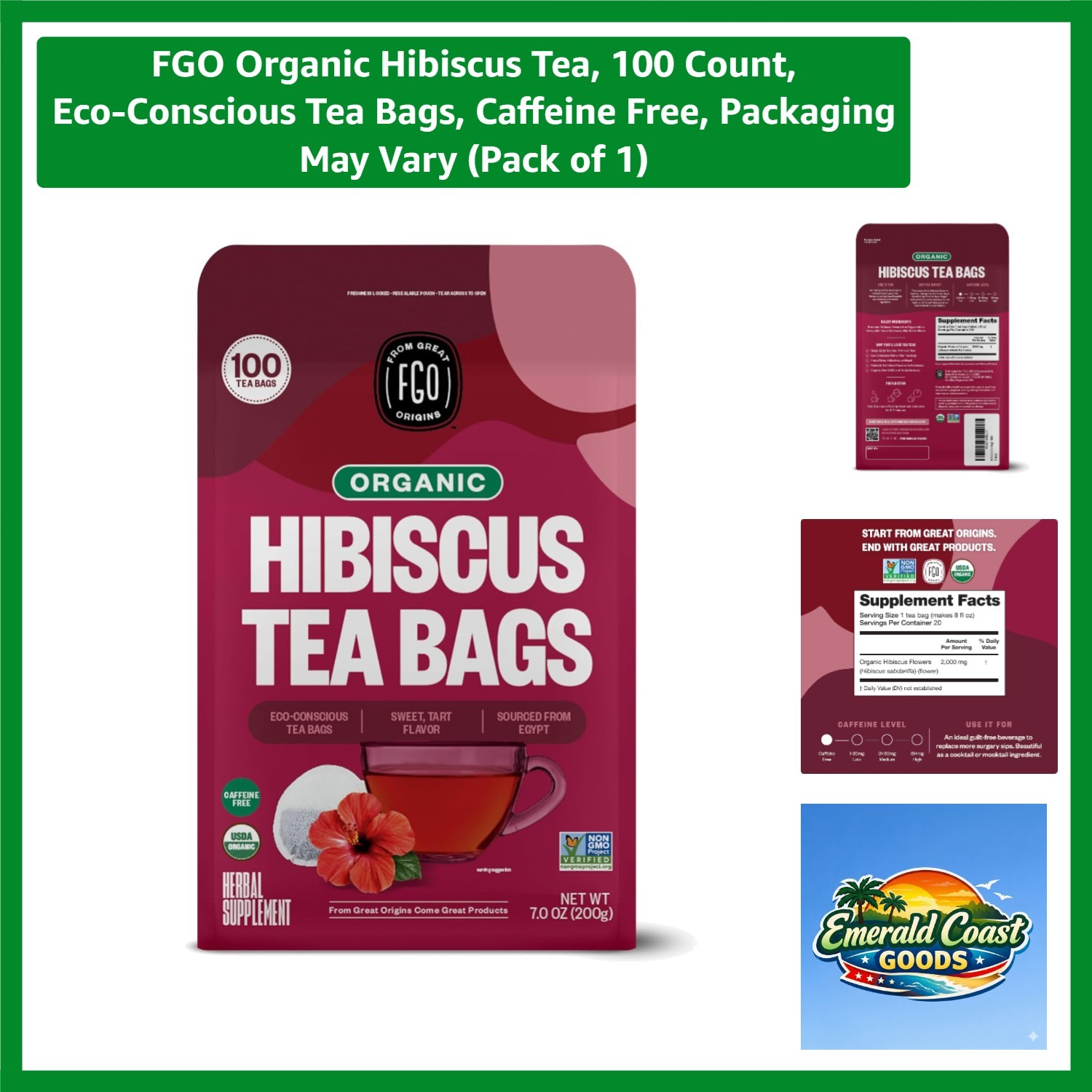 100 Count Organic Hibiscus Tea Bags, Eco-Friendly & Caffeine-Free Herbal Delight
