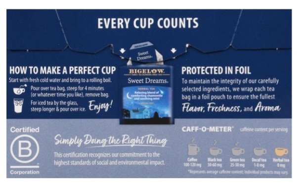 Bigelow Caffeine Free Sweet Dreams Herbal Tea 3 Packs 20 Tea Bags Each
