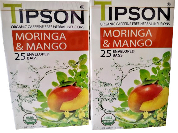 TIPSON Moringa & Mango Tea, Organic/Caffeine Free, BB 10/28, Lot of 2