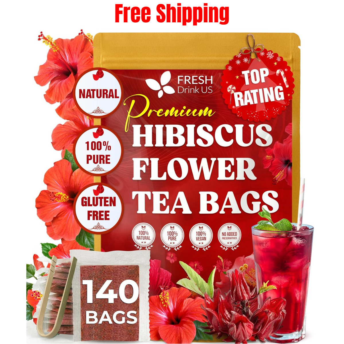FRESHDRINKUS 140 Hibiscus Flowers Tea Bags, 100% Natural, Pure from Hibiscus Flo