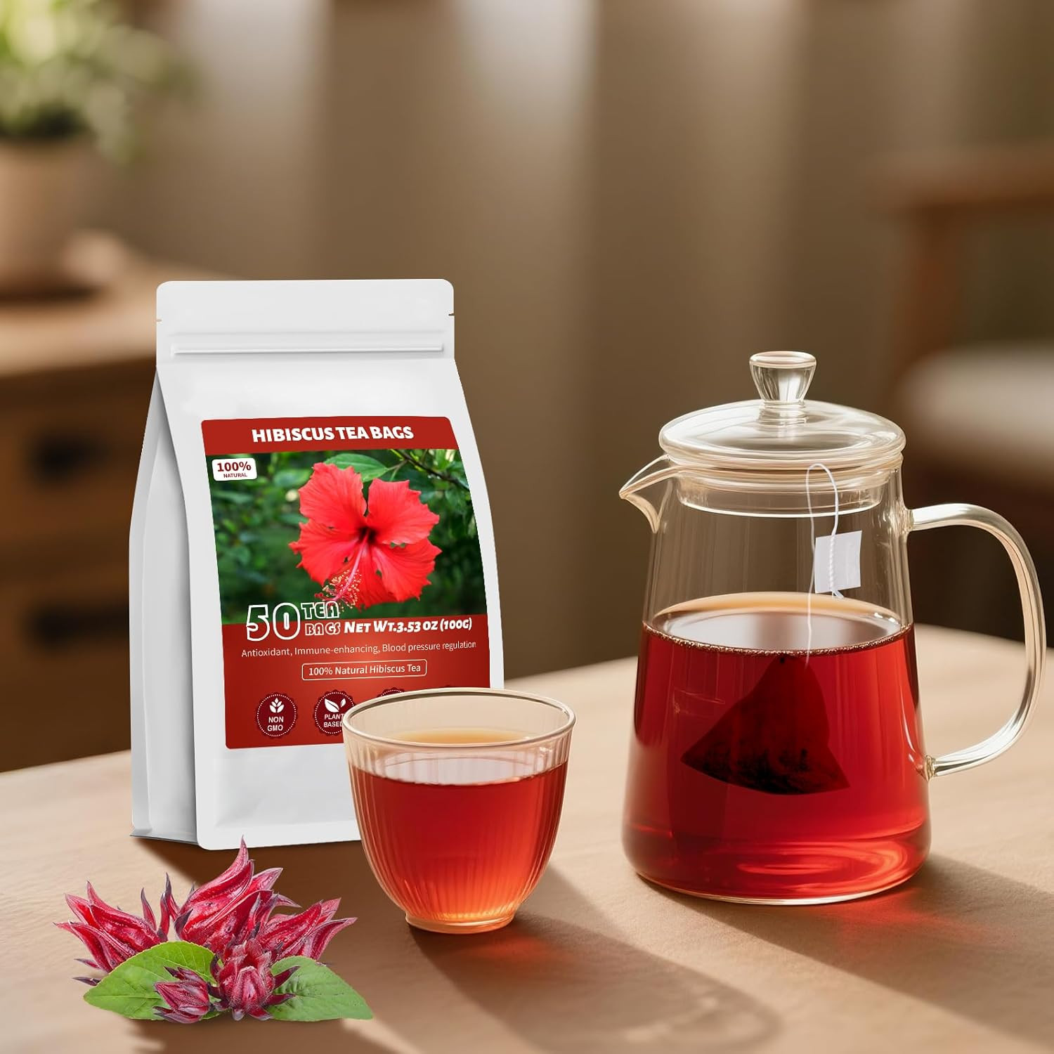 Hibiscus Tea Bags, 100% Natural Hibiscus Flowers Herbal High Blood Pressure Tea