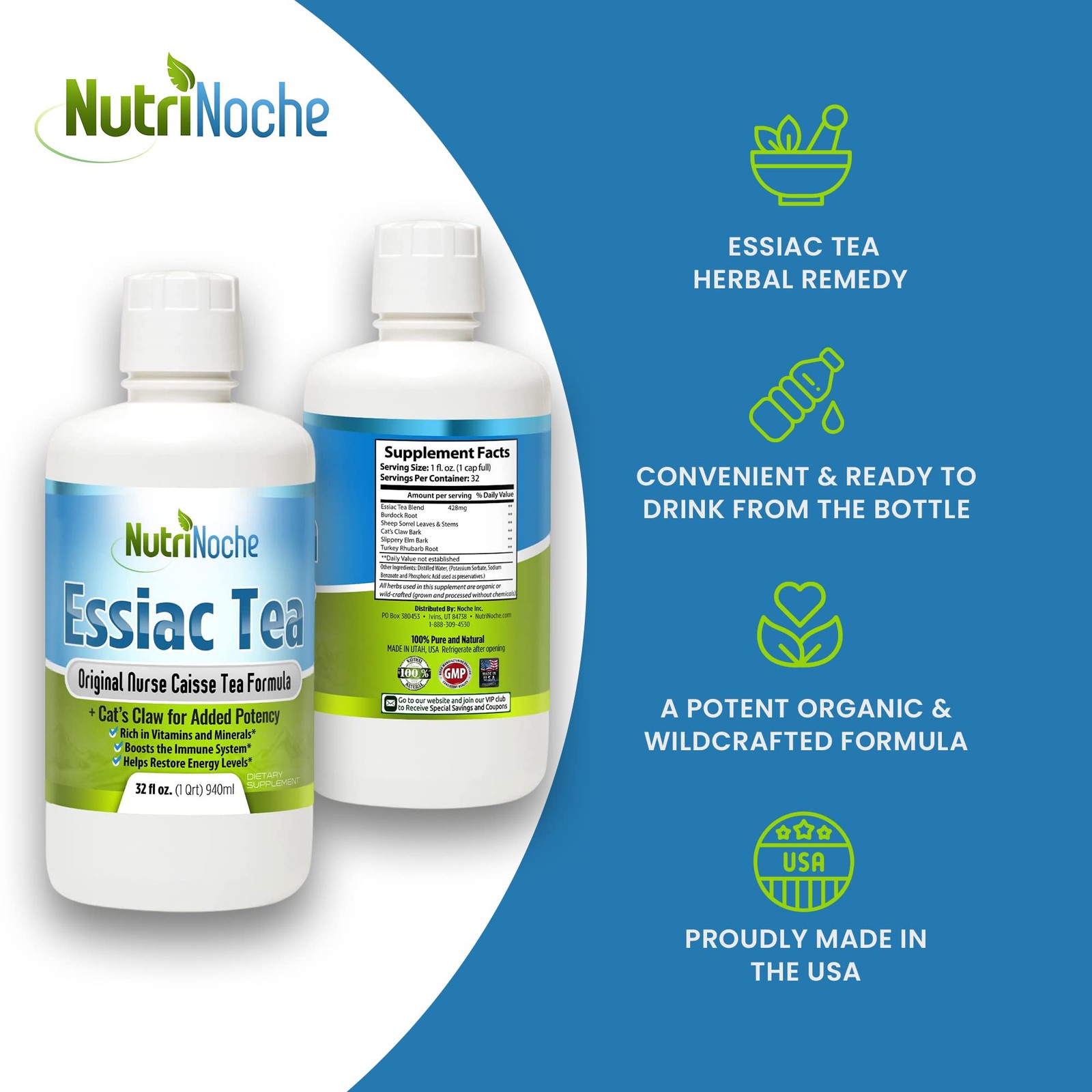 5-Herb Essiac Tea 32oz – Organic Cat’s Claw, Burdock, Elm – 30-Day Supply