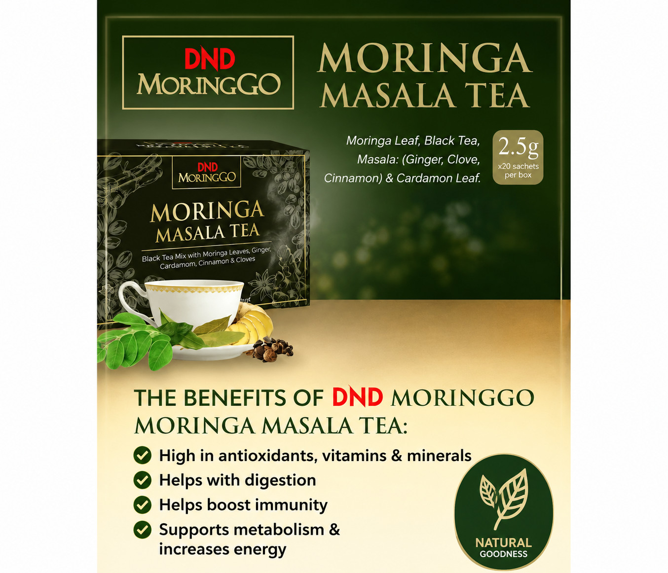 DND Moringgo Moringa Masala Tea 2 Boxes 40 Sachets Herbal Black Tea Blend